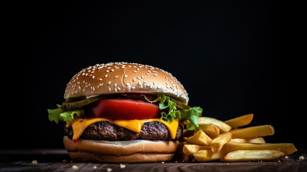 Juicy tasty hamburger on the table Fast food image of a burger with grilled meat Generated AI