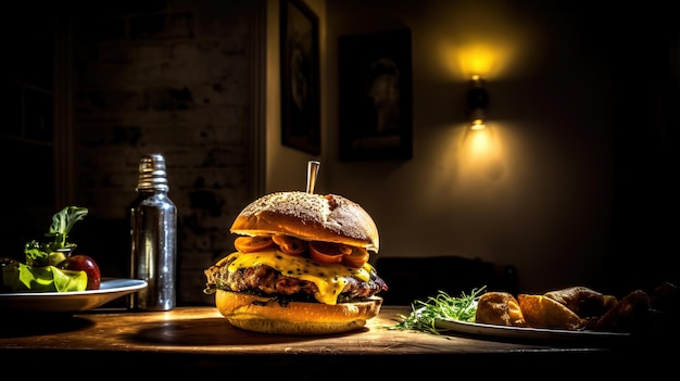 테이블 위의 육즙이 가득한 맛있는 햄버거 구운 고기를 곁들인 버거의 패스트푸드 이미지 AI 생성