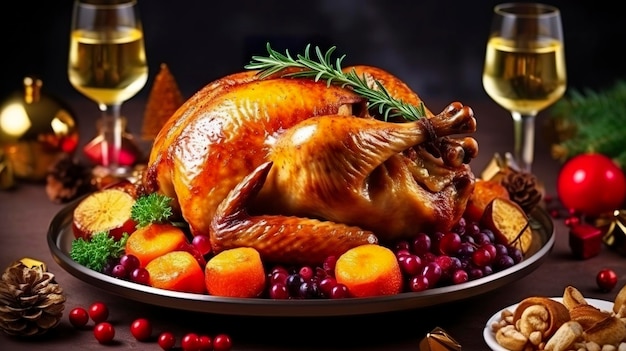 Juicy and tasty roast turkey on a plate with christmas decorations roasted chicken with vegetables roast chicken party all kinds of food beer ai generative