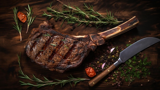 Juicy tomahawk steak grilled on the bone with spices and herbs on a black background Top view copy space