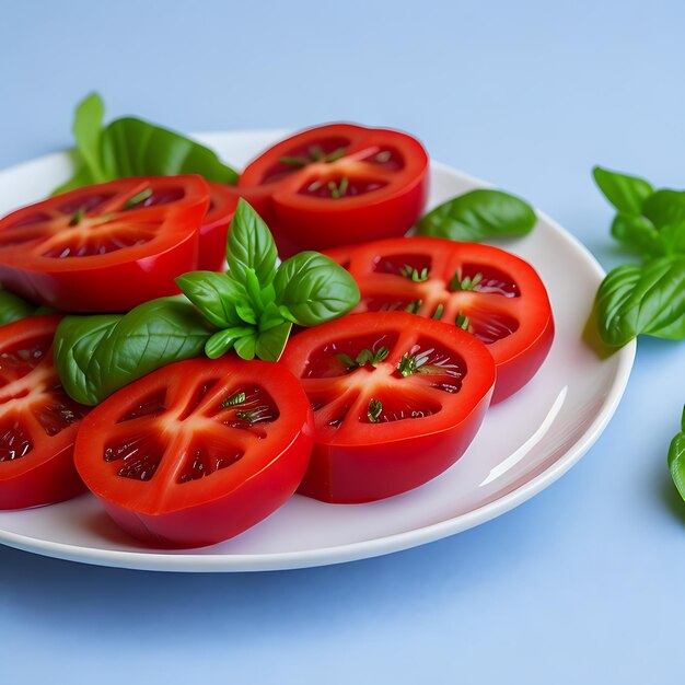 Foto una fetta di pomodoro succosa su un piatto di insalata biologica, un aperitivo sano perfetto.