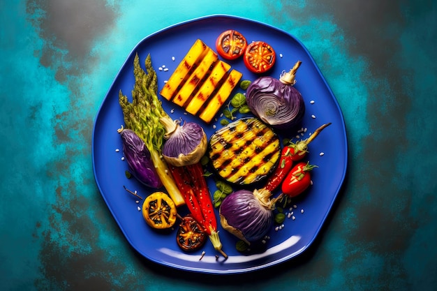 Juicy vegetables are carefully grilled and served on a blue plate