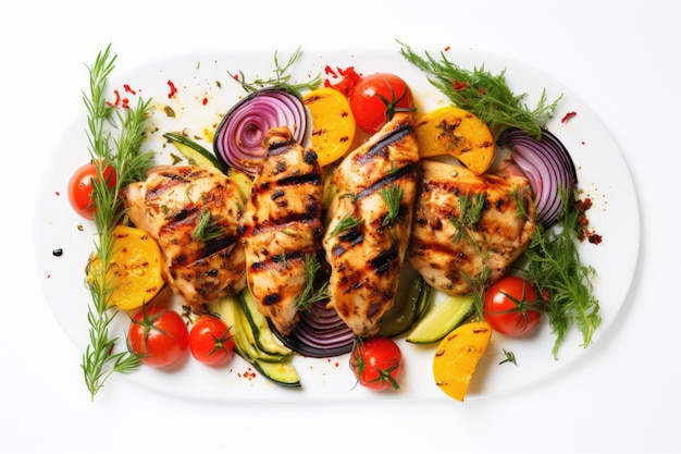 Juicy vegetables aromatic herbs grilled chicken on a white background