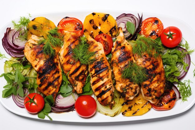 Juicy vegetables aromatic herbs grilled chicken on a white background