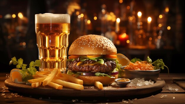 Foto juicy verse hamburger met frietsaus en een glas vers licht bier op een houten tafel in een gezellige