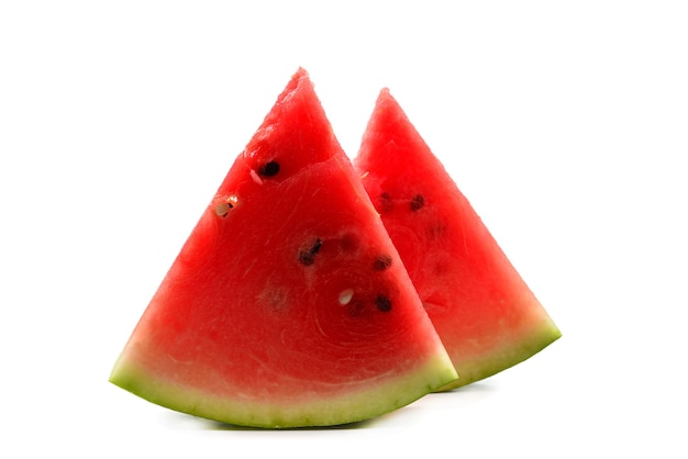 Juicy watermelon slice isolated on white background.