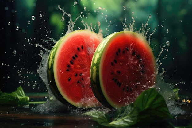 Juicy watermelon slices in water splash