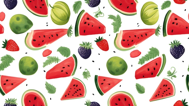 Juicy watermelons and ripe strawberries scattered in a vibrant fruit pattern