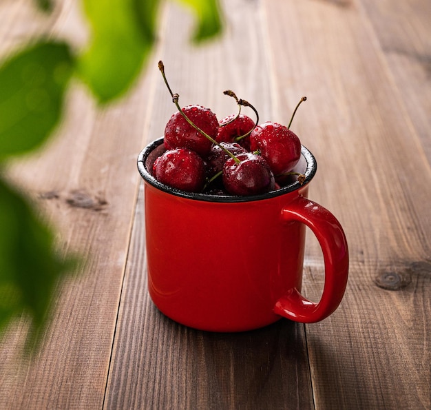 Juicy wet cherries in a red mug on a dark wooden background with leaves close up on a sunny summer morning The concept of rustic style Front view and copy space