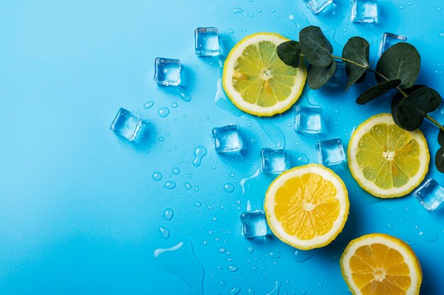 Juicy yellow lemon slices, ice cubes and a sprig of eucalyptus on a blue background. Top view, flat lay.