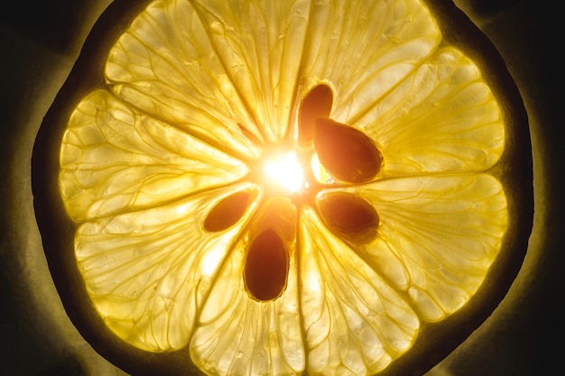 Juicy yellow lemon with seeds. Macro photography