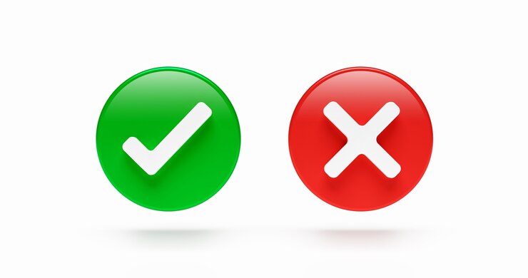 Foto juiste en verkeerde vinkje pictogram keuze teken test checklist knop plat ontwerp geïsoleerd op een witte achtergrond met stem ja of nee element symbool vak. 3d-weergave.
