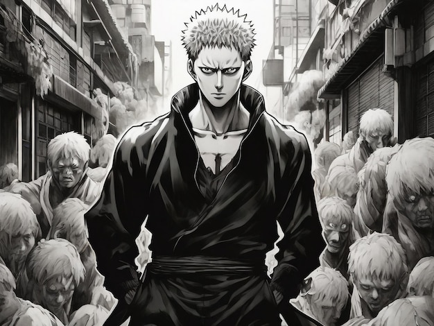 Jujutsu Kaisen zwart-wit pen full body manga illustratie van een knappe