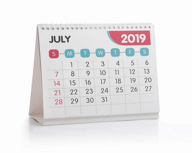 Jul white office calendar 2019 isolato su bianco