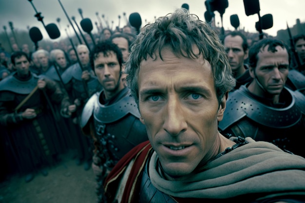 Julius Caesar takes selfie at war with his armies of roman centurions