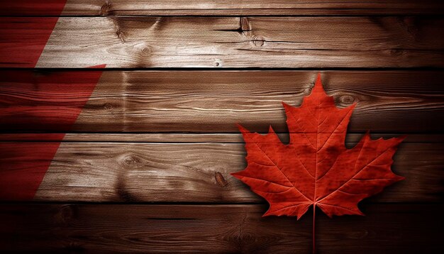 July 1st Canada Day illustration with maple leaves on wooden background