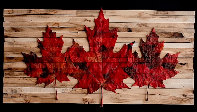 July 1st Canada Day illustration with maple leaves on wooden background