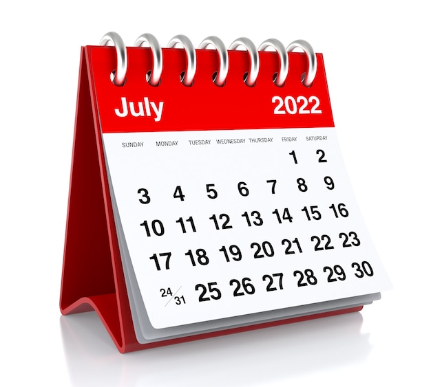 Photo july 2022 calendar. isolated on white background. 3d illustration