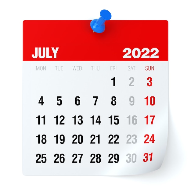 Luglio 2022 - calendario. isolato su sfondo bianco. illustrazione 3d