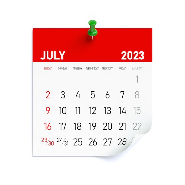 July 2023 Calendar Isolated on White Background 3D Illustration