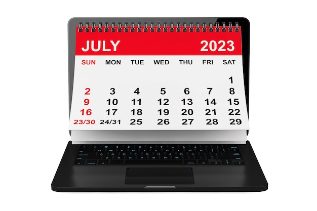 July 2023 calendar over laptop screen 3d rendering