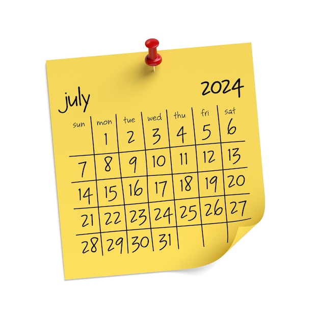 写真 白い背景の3dイラストに隔離された2024年7月のカレンダー
