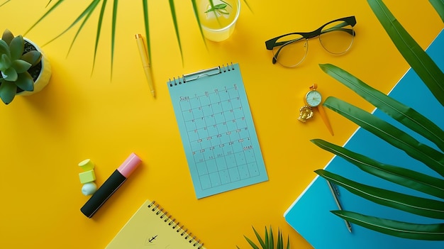 Фото Календарь для стола июля 2024 года на желтом фоне непосредственно над плоским слоем генеративный ии