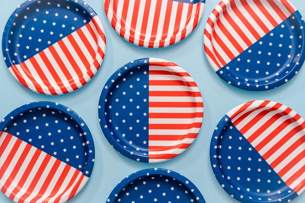 July 4th theme paper plate on blue background.