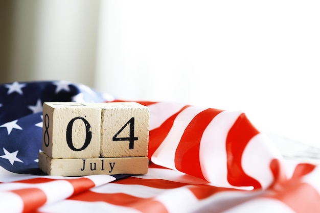 July 4th wooden Stars and Stripes flag on background with flag of the USA Summer day Independence Day Of America