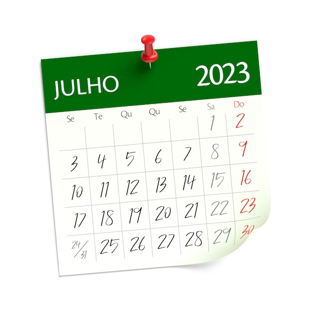 July Calendar 2023 in Portuguese Language Isolated on White Background 3D Illustration