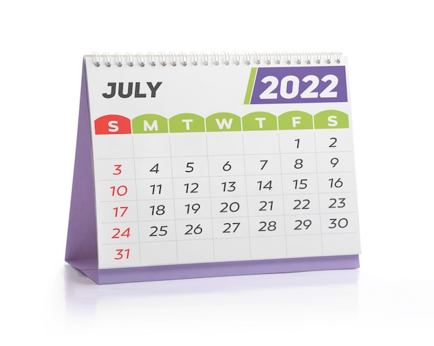 July White Office Calendar 2022 Isolated on White