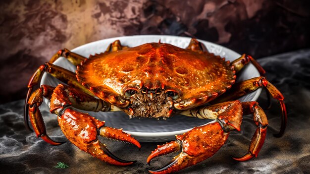 A jumbo red crab on a plate with chopsticks on the side seafood photography