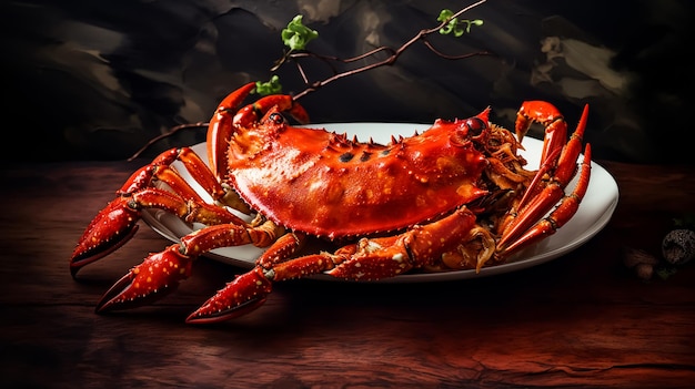 A jumbo red crab on a plate with chopsticks on the side seafood photography