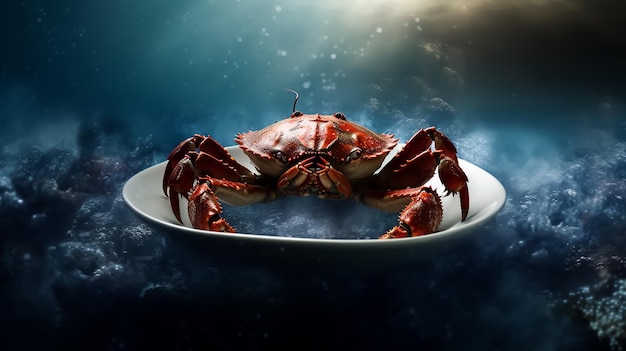 A jumbo red crab on a plate with chopsticks on the side seafood photography