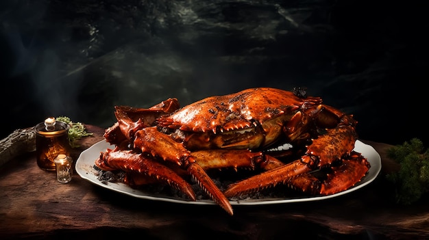 A jumbo red crab on a plate with chopsticks on the side seafood photography