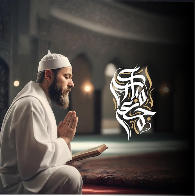 주마 무바라크 (Jummah Mubarak) 는 모스크에서 기도하는 남자의 흑백 이미지입니다.