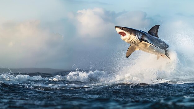 Foto azione di salto dello squalo bianco che salta fuori dall'acqua nell'oceano