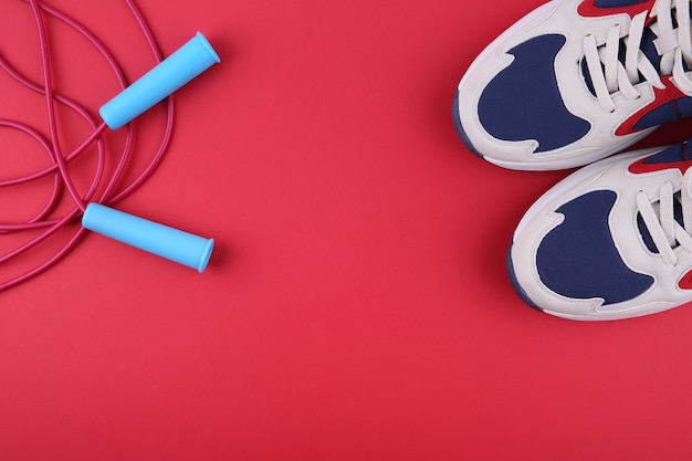 Photo jump ropes and sneakers on a red background with copy space