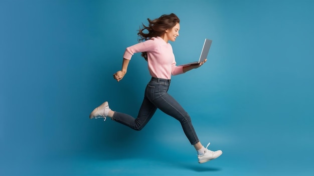 Jump of young woman over blue studio background using laptop or tablet gadget while jumping