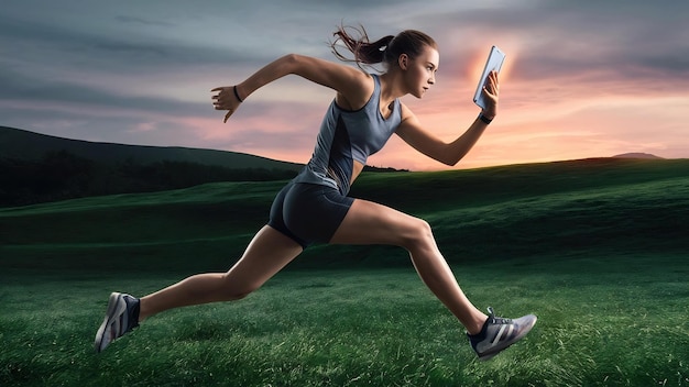 Jump of young woman over green using laptop or tablet gadget while jumping