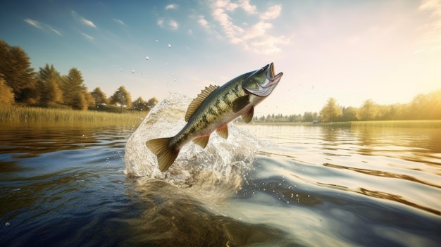 Jumping Bass Fish in River Water Perfect for Fishing Enthusiasts Generative AI