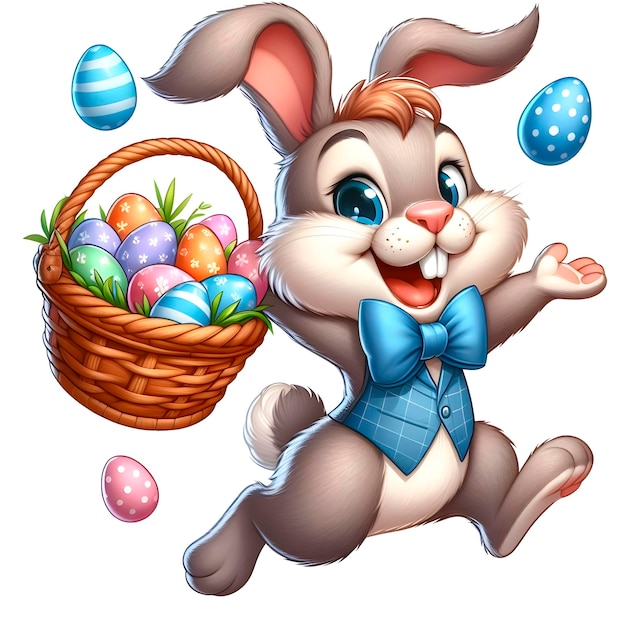 Photo a jumping bunny with a basket of eggs