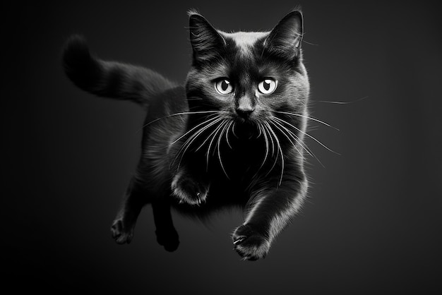 A jumping cat black and white picture