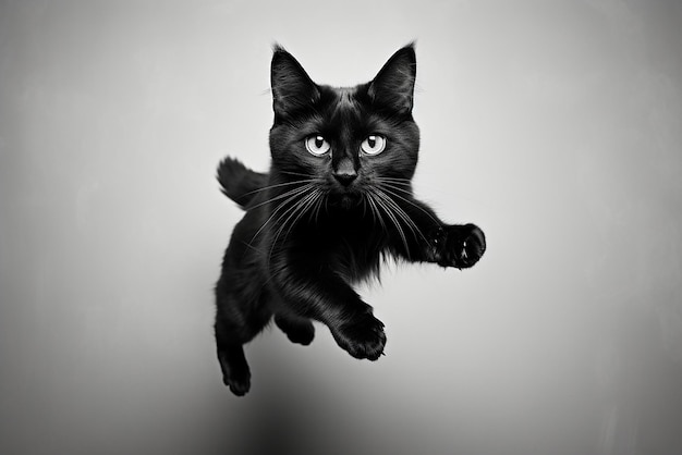 A jumping cat black and white picture