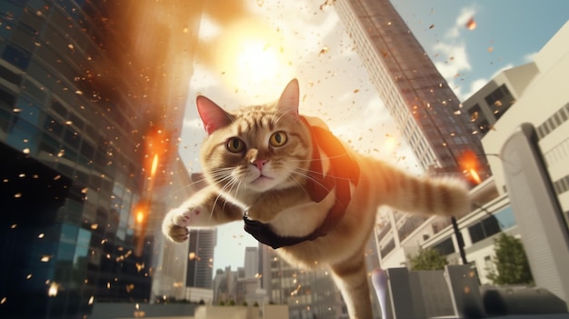 jumping cat wearing futuristic agen uniforms gun on hand with shocked expression