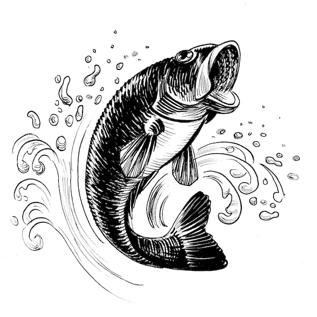 Jumping fish Handdrawn retro styled black and white illustration