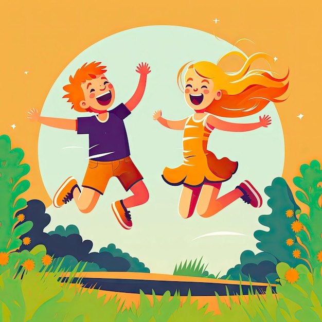 Jumping girl and boy Happy kids on summer grass Flat style illustration AI generated image