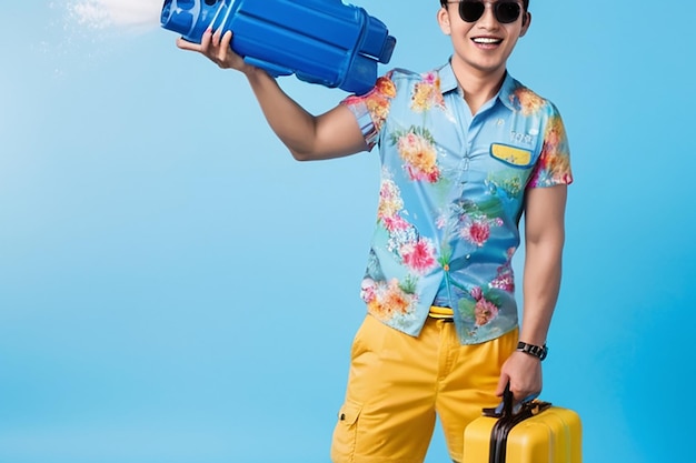 Jumping handsome Asian tourist man traveling with water gun and baggage during Songkran festival studio shot blue background