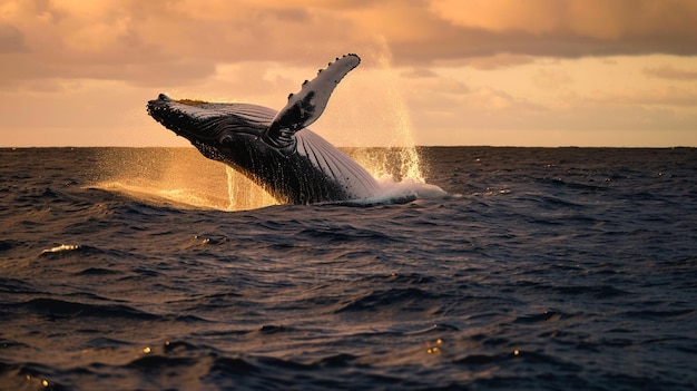 Jumping humpback whale over water Madagascar At sunset Generative Ai