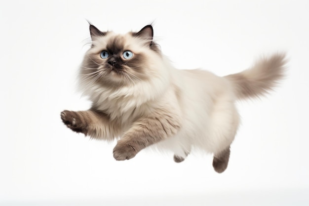 Jumping Moment Birman Cat On White Background